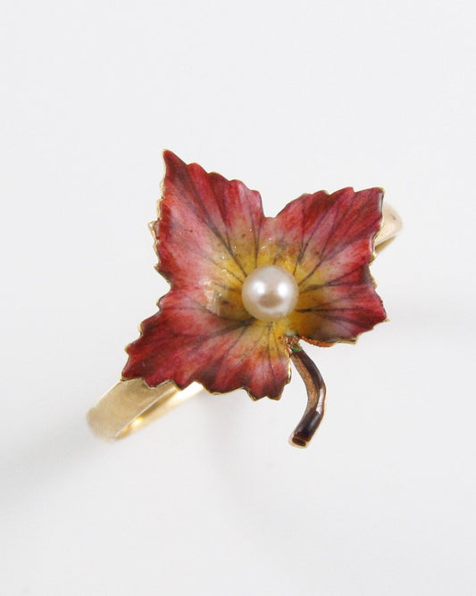 Antique 14k Gold Art Nouveau Victorian Enamel & Pearl Maple Leaf Ring Size 7