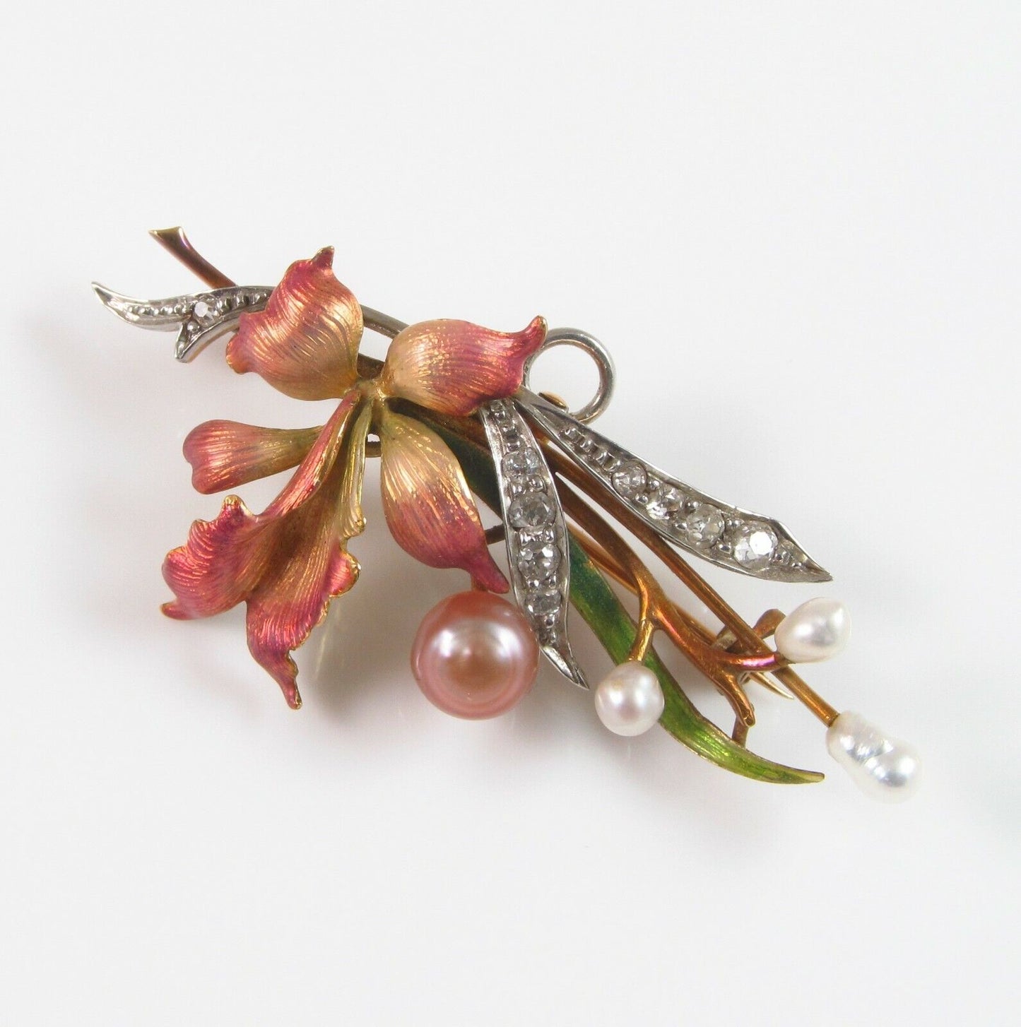 Art Nouveau 18k Gold Platinum Diamond Pearl Enamel Orchid Flower Brooch Pendant
