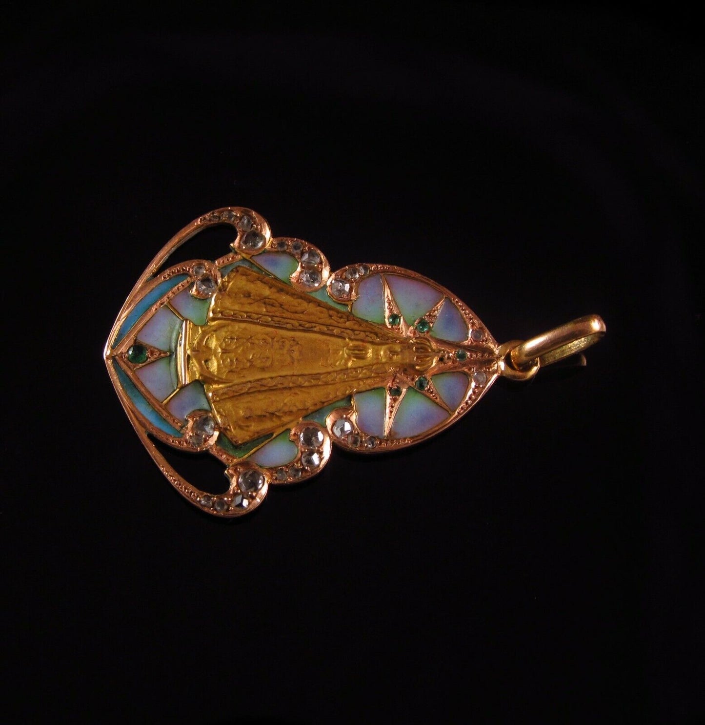 Antique 14k Gold Plique A Jour Enamel Diamond Emerald Jesus Religious Pendant