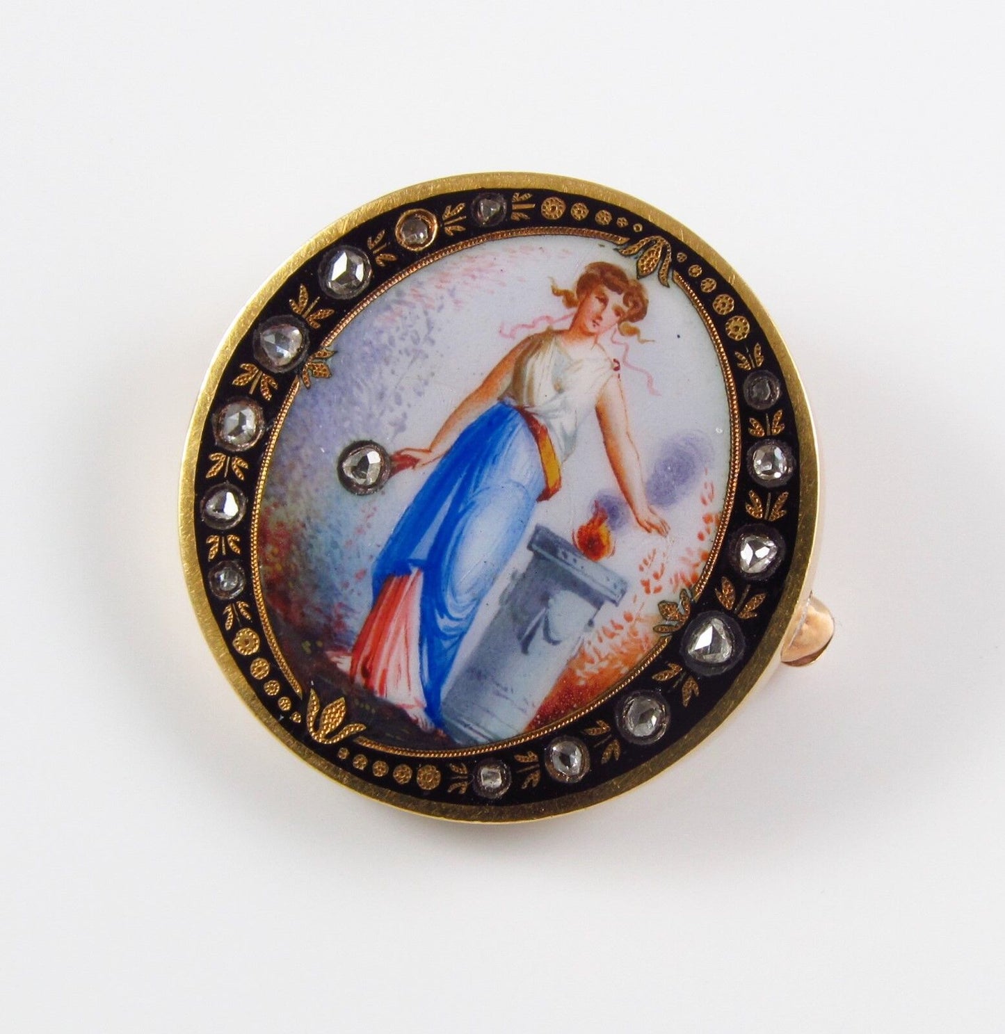 14K Gold Victorian Swiss Enamel Lady Portrait Rose Cut Diamond Set Brooch Pin