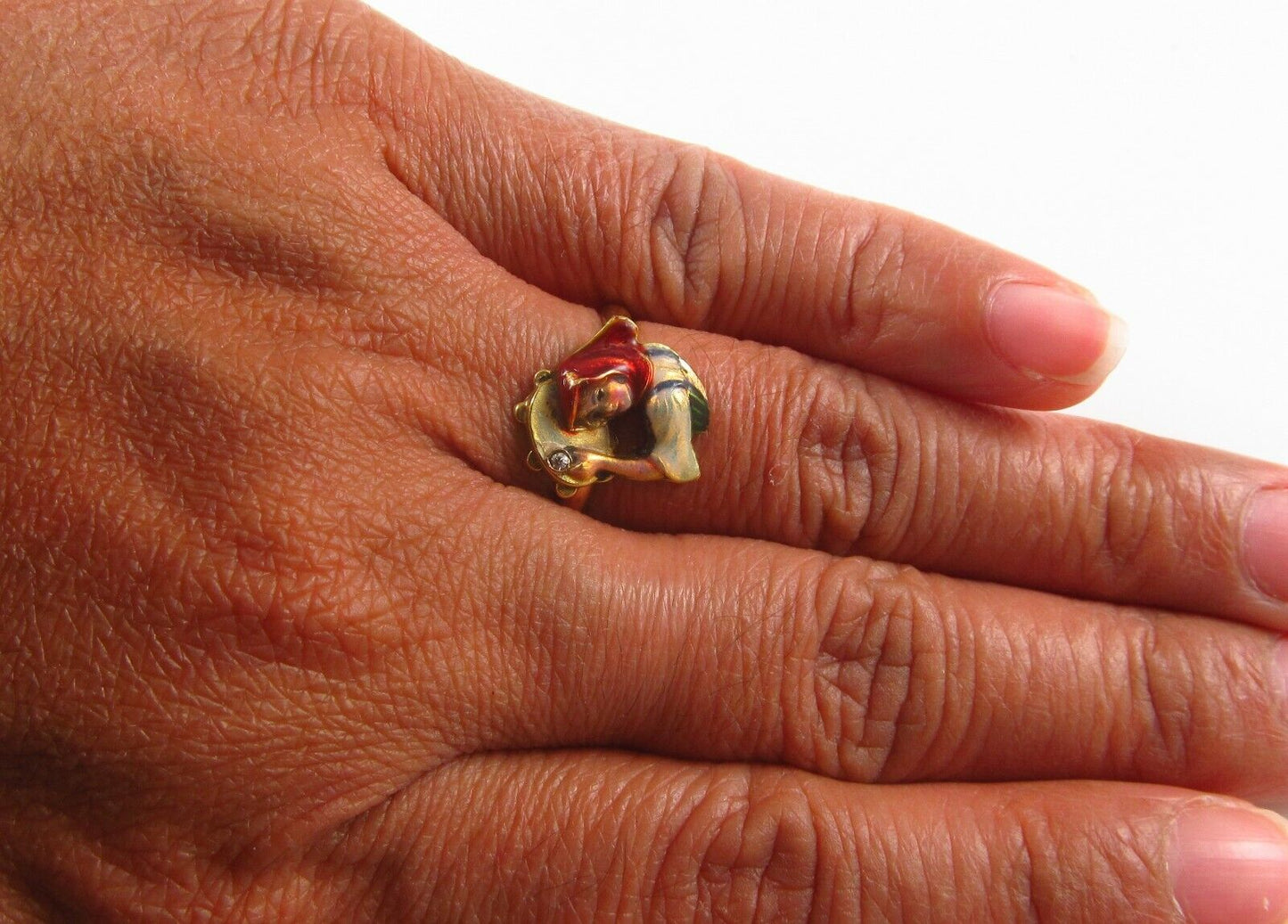 Antique 14k Gold Art Nouveau Enamel & Diamond Bavarian Bar Maid Ring Size 5.25