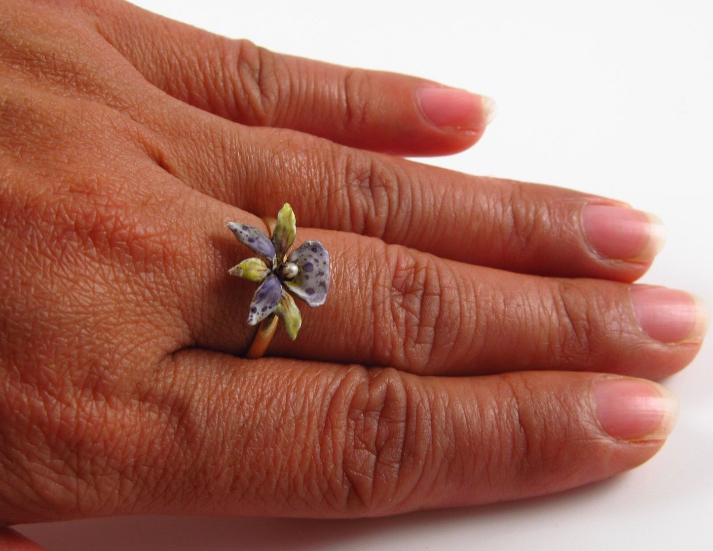 Antique 10k Gold Art Nouveau Enamel & Pearl Blooming Lily Flower Ring Size 7.5