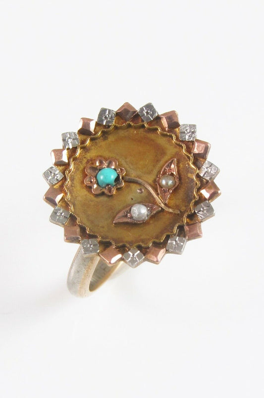 Antique 10K Gold Victorian Turquoise & Pearl Flower Conversion Ring Size 5.75