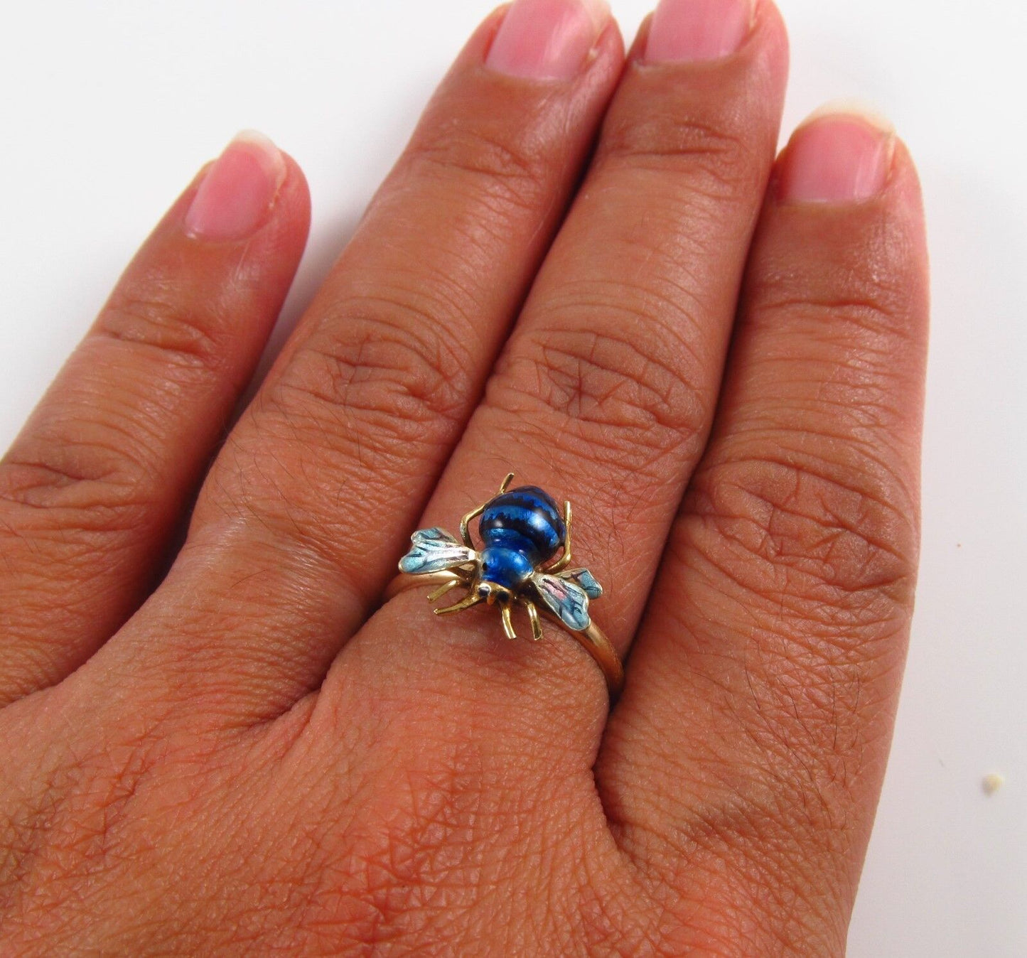 Vintage Ladies 14k Gold Blue Enamel Insect Bee Fly Conversion Ring Size 6.5