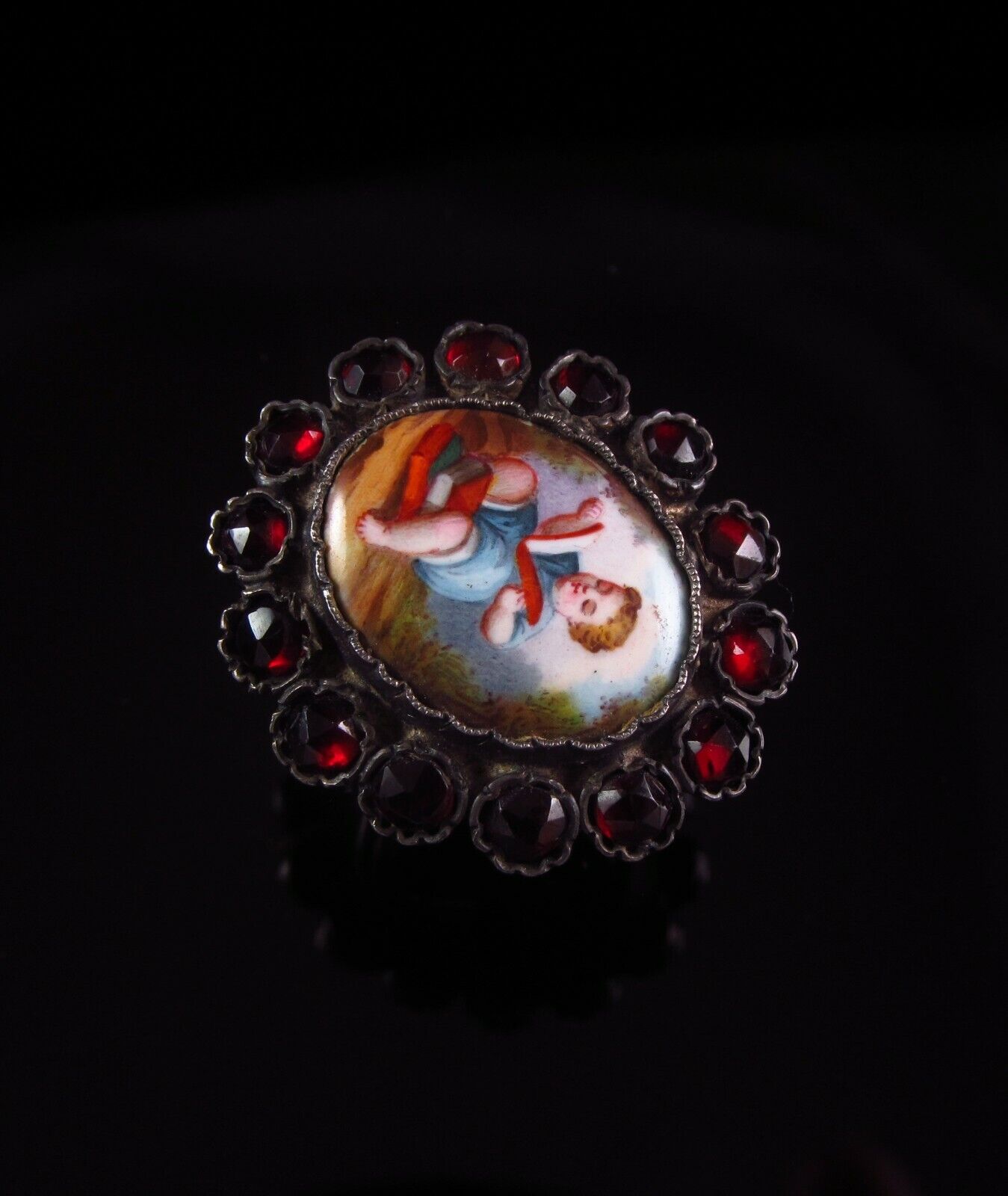 Antique Victorian Silver Bohemian Garnet & Porcelain Child Portrait Ring Size 6