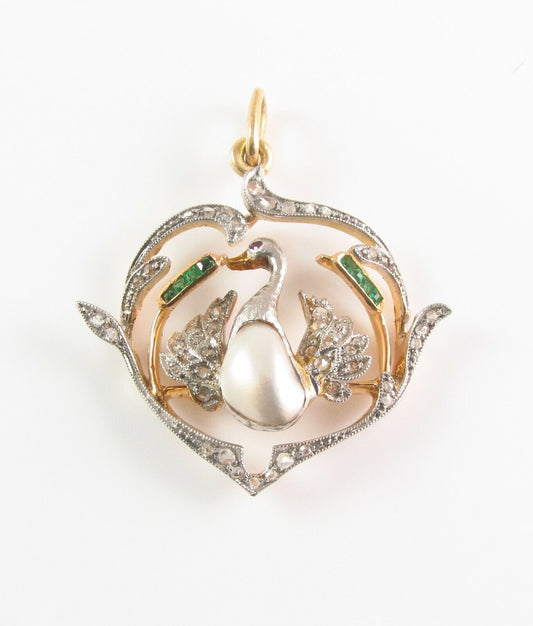 Antique Edwardian 18k Gold Platinum Topped Diamond Emerald & Pearl Swan Pendant
