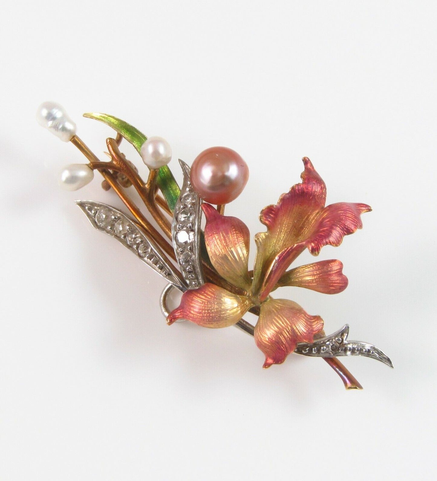Art Nouveau 18k Gold Platinum Diamond Pearl Enamel Orchid Flower Brooch Pendant