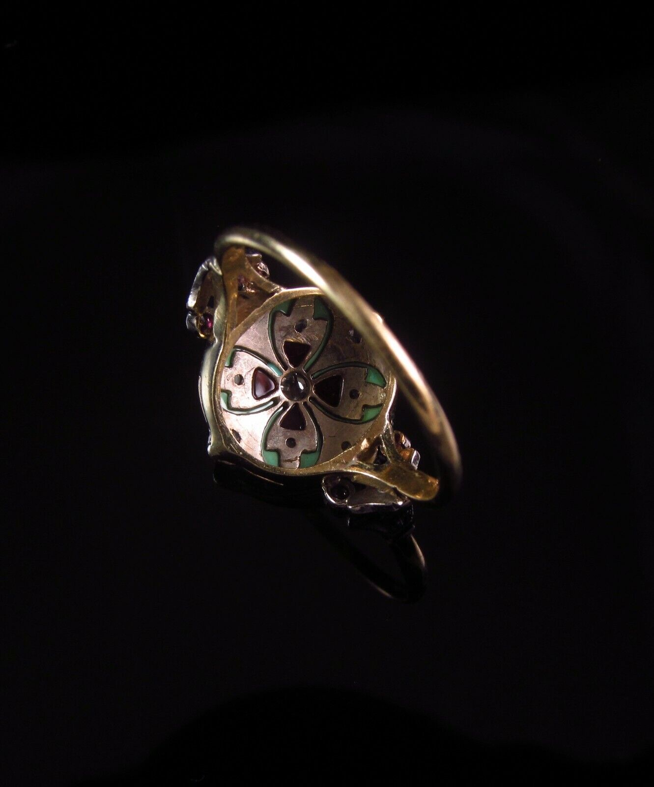 Antique 18k Yellow Gold & Platinum Topped Enamel Circular Diamond Ruby Ring SZ 7