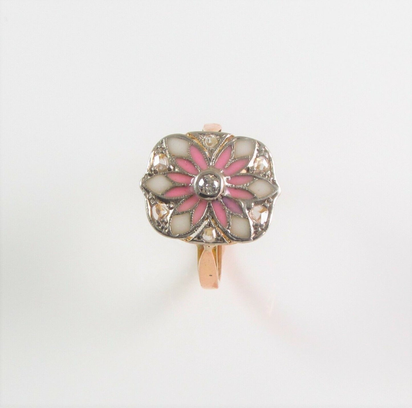 Ladies Antique 18k Gold & Platinum Topped Enamel Diamond Flower Ring Size 5.75