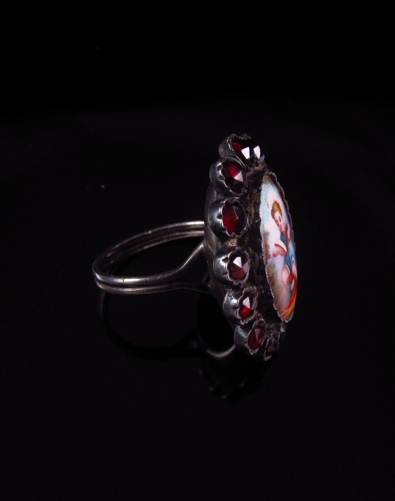 Antique Victorian Silver Bohemian Garnet & Porcelain Child Portrait Ring Size 6