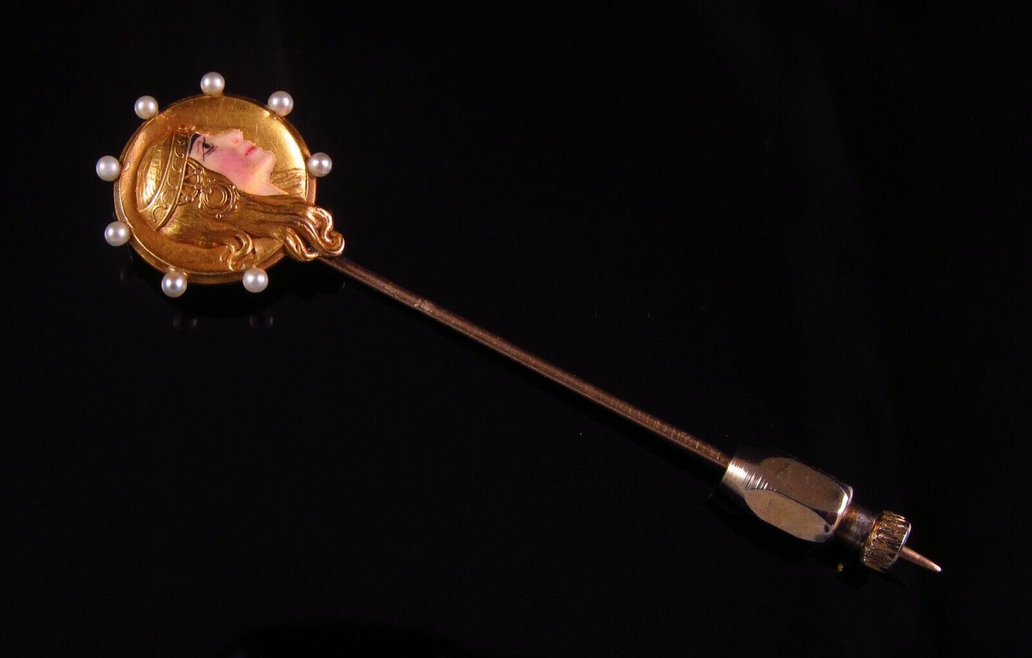 Antique Art Nouveau 14K Yellow Gold Pearl Enamel Byzantine Lady Stick Pin