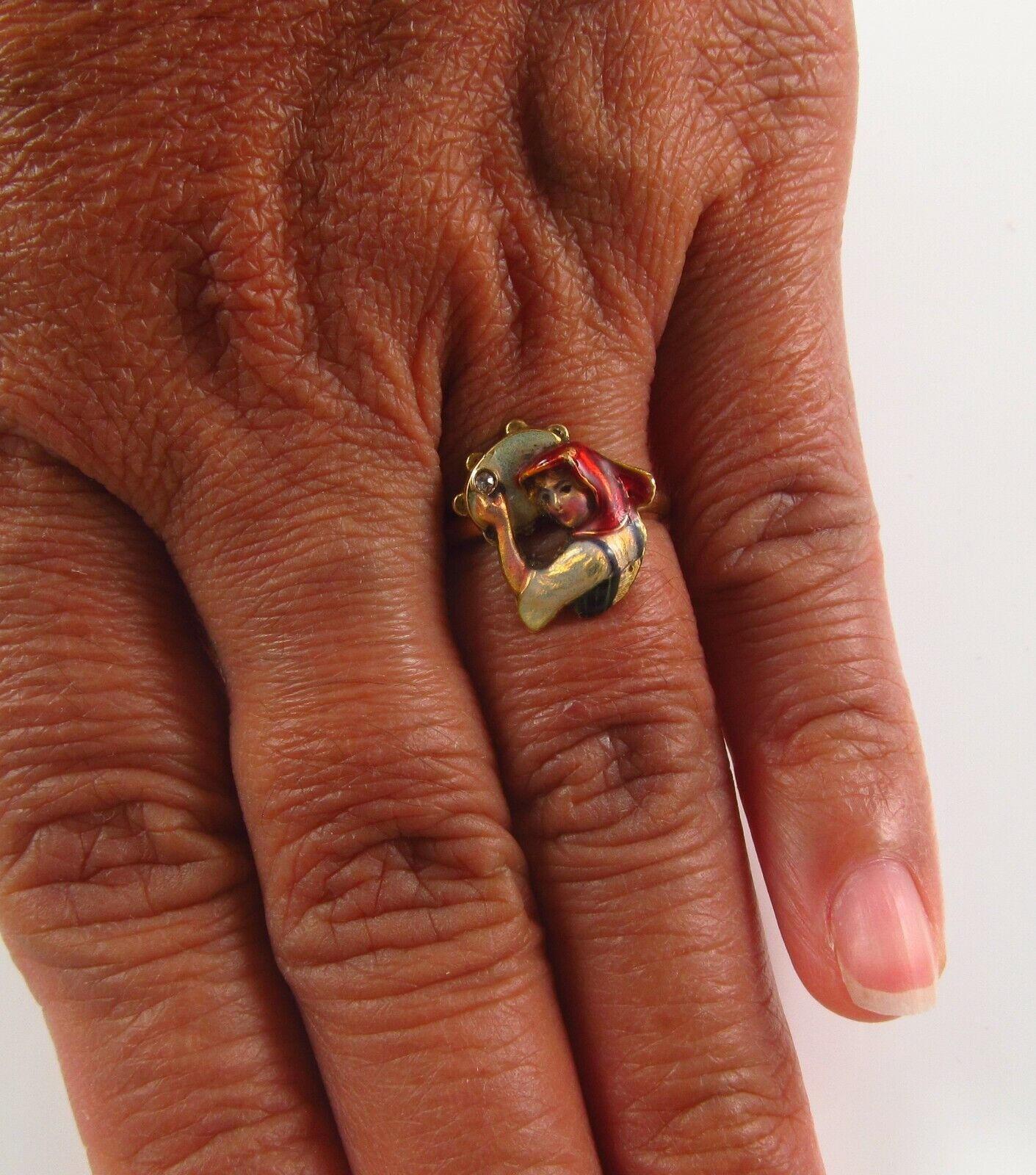 Antique 14k Gold Art Nouveau Enamel & Diamond Bavarian Bar Maid Ring Size 5.25