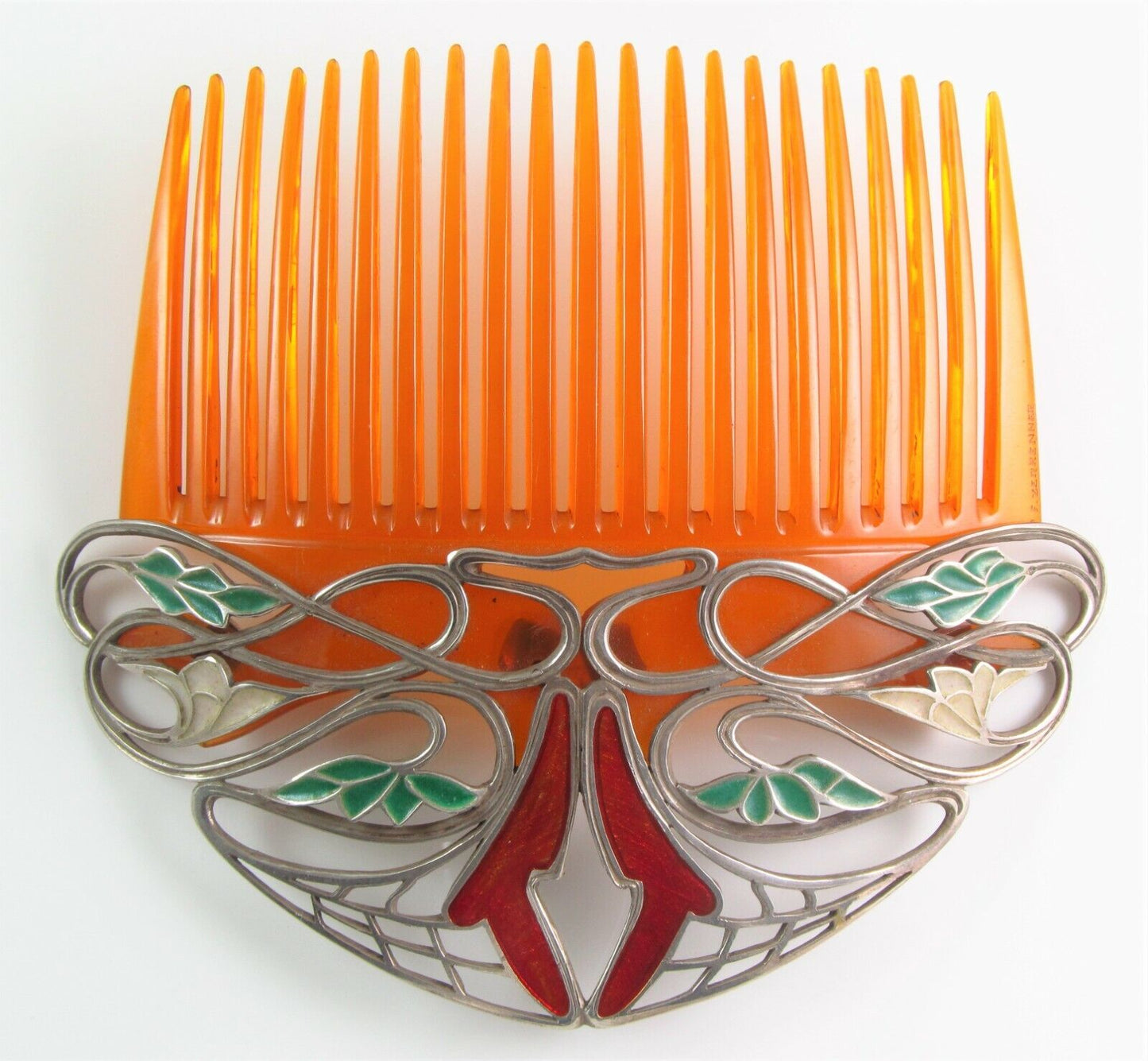 Rare Antique F. Zerrenner Art Nouveau Silver Plique A Jour Enamel Hair Comb