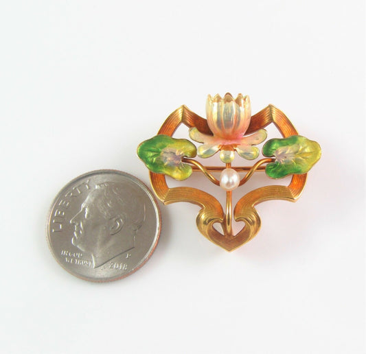 Antique 14k Gold Art Nouveau Whiteside & Blank Enamel Water Lily Brooch Pin