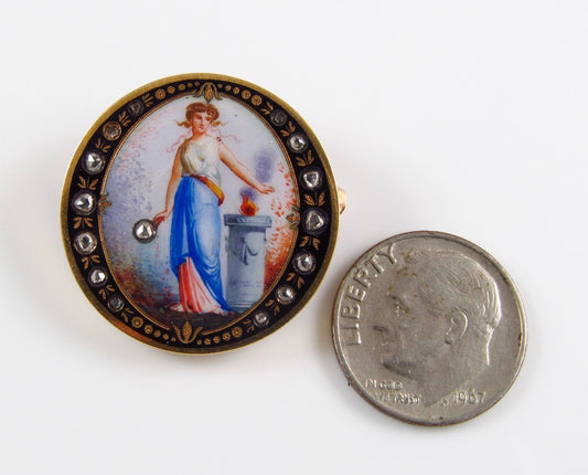 14K Gold Victorian Swiss Enamel Lady Portrait Rose Cut Diamond Set Brooch Pin