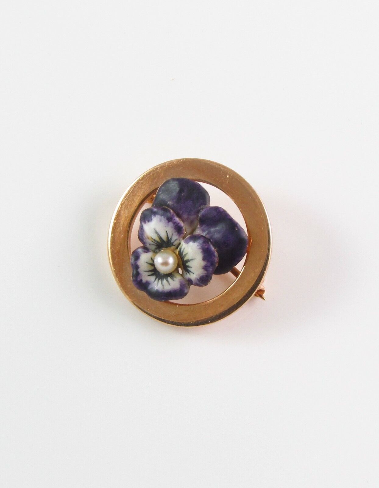 Petite 14k Gold Art Nouveau Krementz Enamel Pansy Pearl Circular Brooch Pin