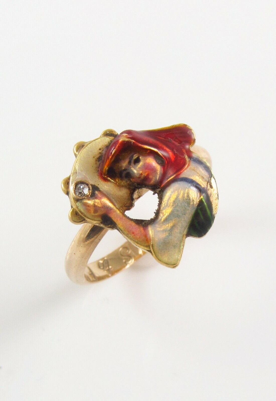 Antique 14k Gold Art Nouveau Enamel & Diamond Bavarian Bar Maid Ring Size 5.25