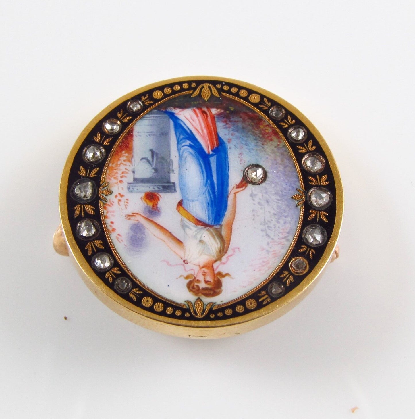 14K Gold Victorian Swiss Enamel Lady Portrait Rose Cut Diamond Set Brooch Pin