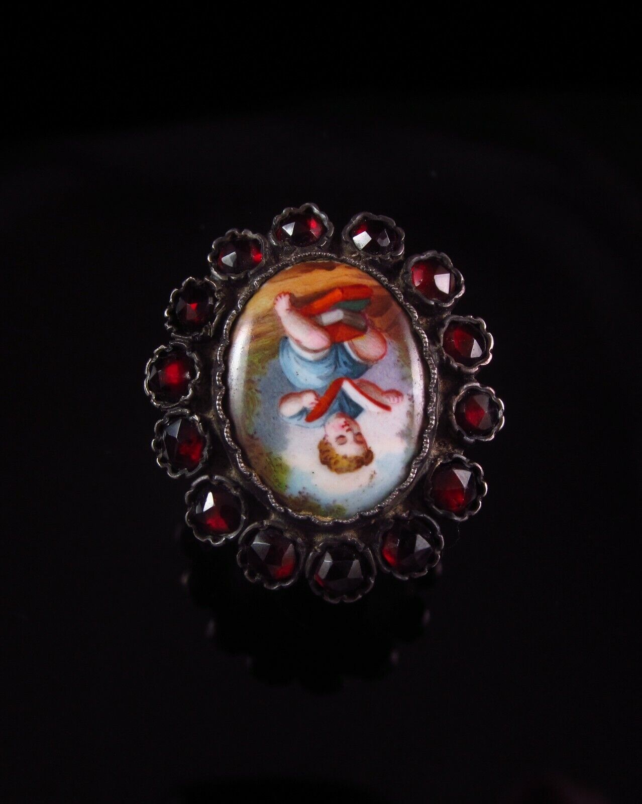 Antique Victorian Silver Bohemian Garnet & Porcelain Child Portrait Ring Size 6