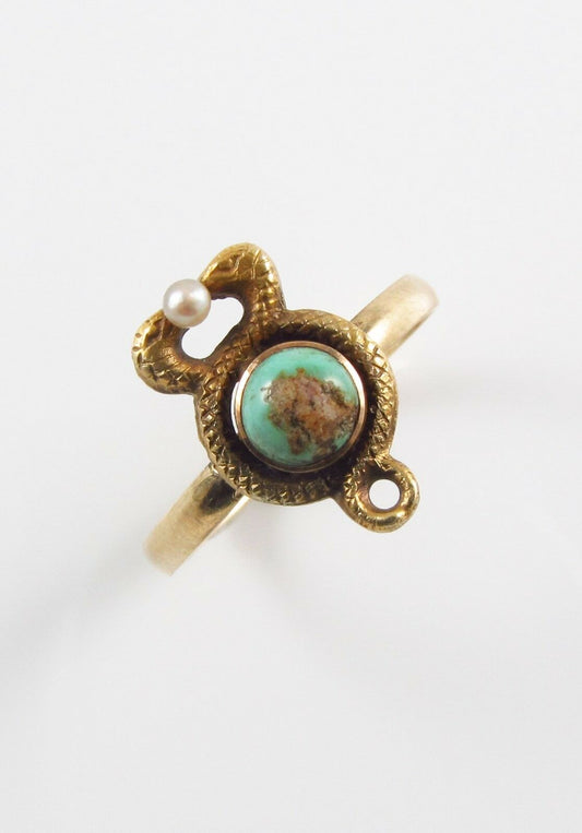 10k Gold Victorian Art Nouveau Twisted Serpents Pearl & Turquoise Ring Size 4.5