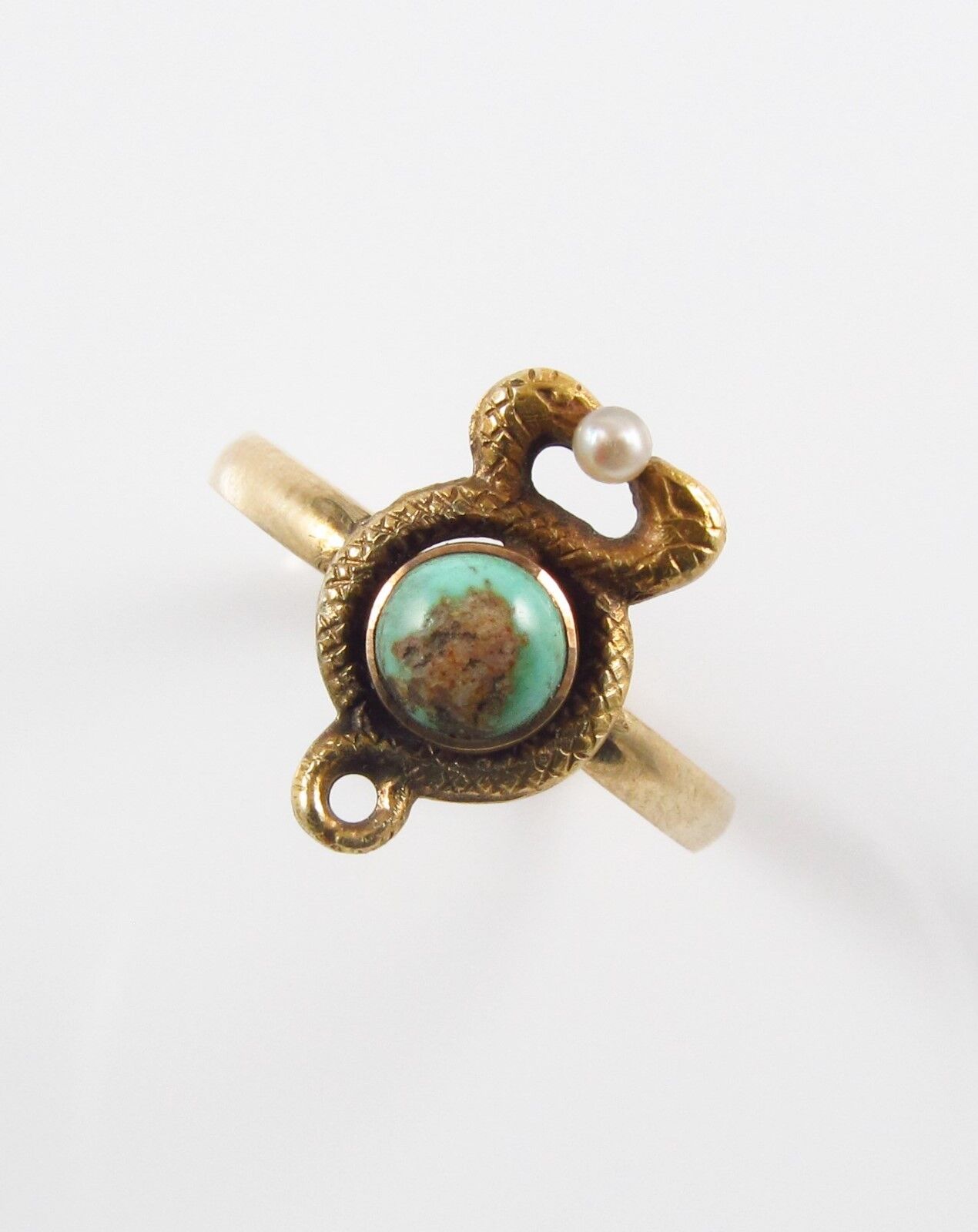 10k Gold Victorian Art Nouveau Twisted Serpents Pearl & Turquoise Ring Size 4.5