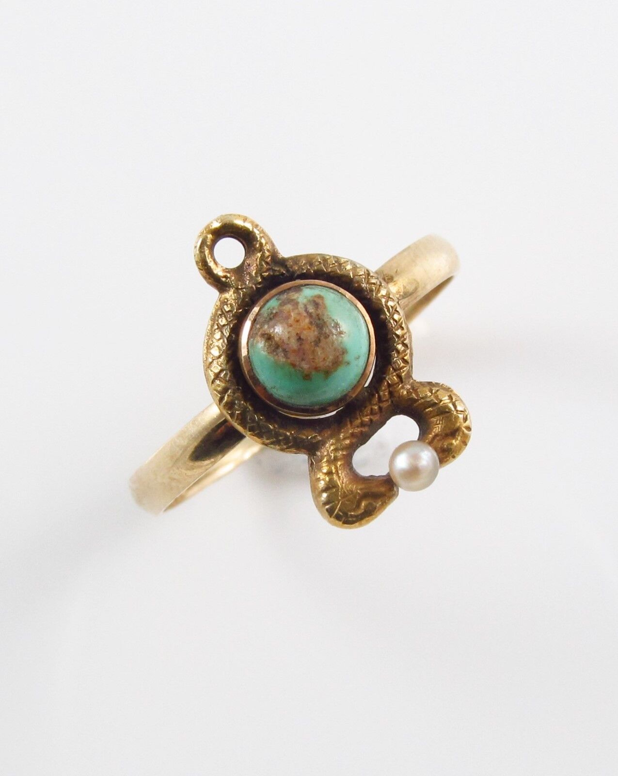 10k Gold Victorian Art Nouveau Twisted Serpents Pearl & Turquoise Ring Size 4.5