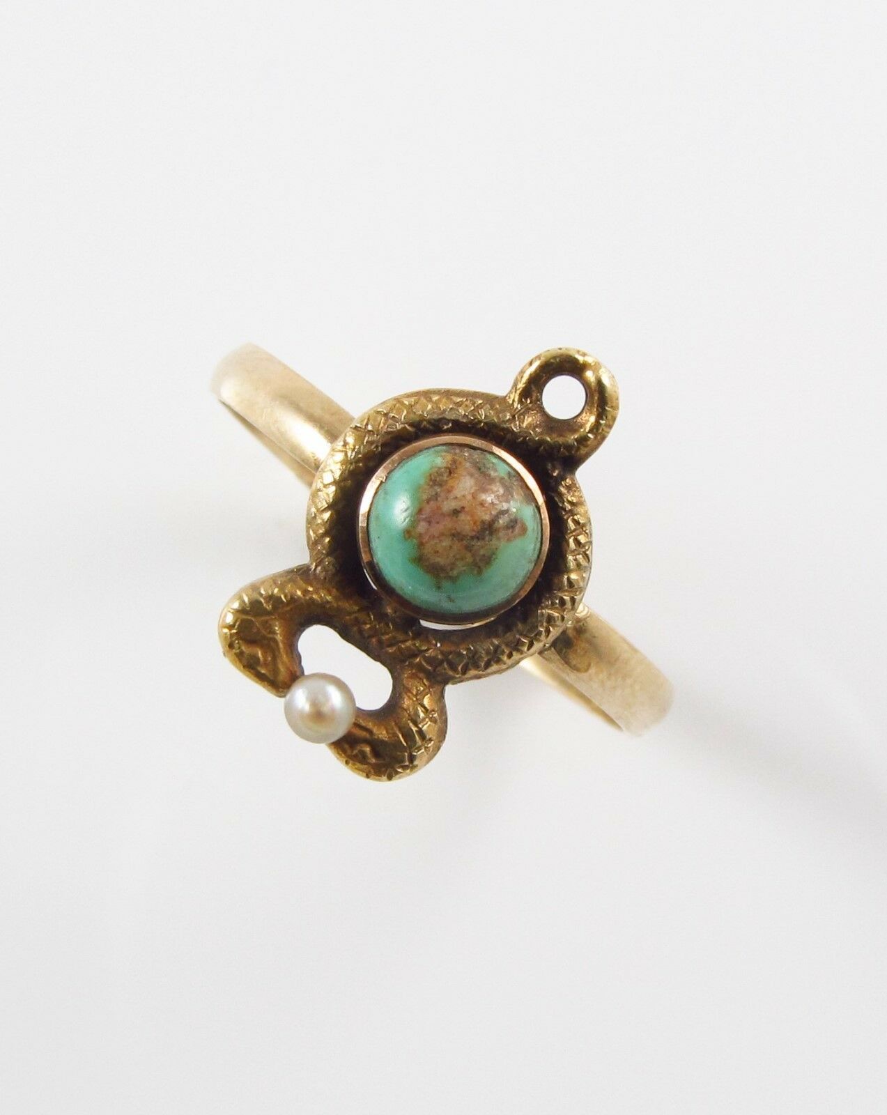 10k Gold Victorian Art Nouveau Twisted Serpents Pearl & Turquoise Ring Size 4.5