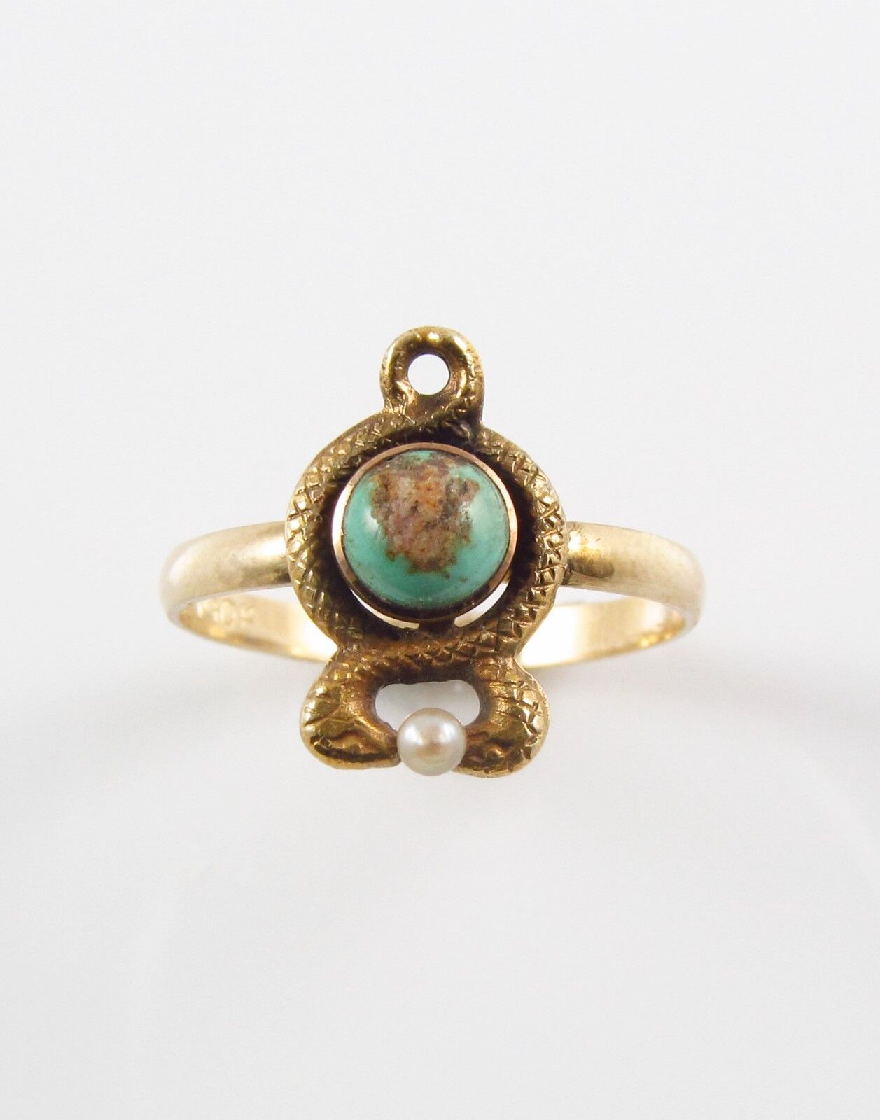 10k Gold Victorian Art Nouveau Twisted Serpents Pearl & Turquoise Ring Size 4.5