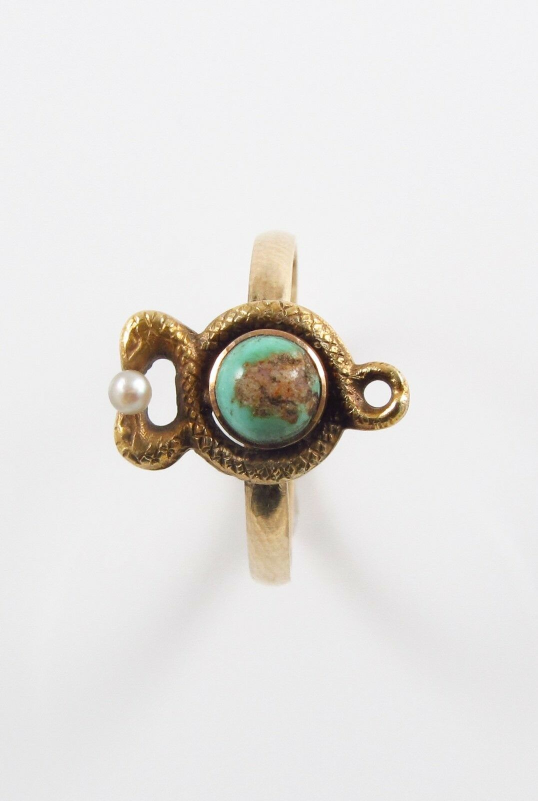 10k Gold Victorian Art Nouveau Twisted Serpents Pearl & Turquoise Ring Size 4.5