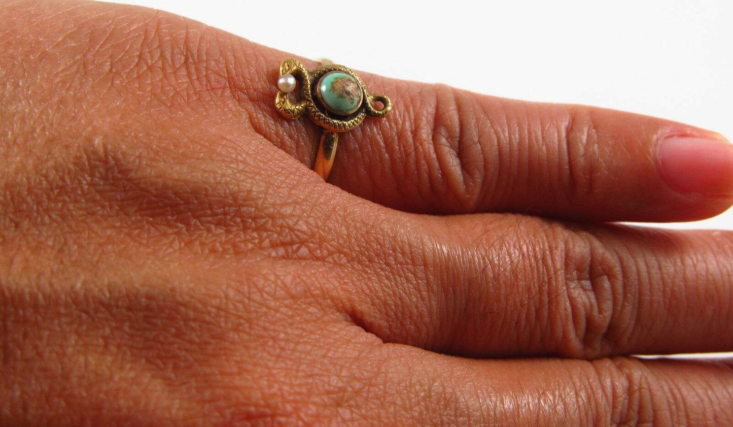 10k Gold Victorian Art Nouveau Twisted Serpents Pearl & Turquoise Ring Size 4.5