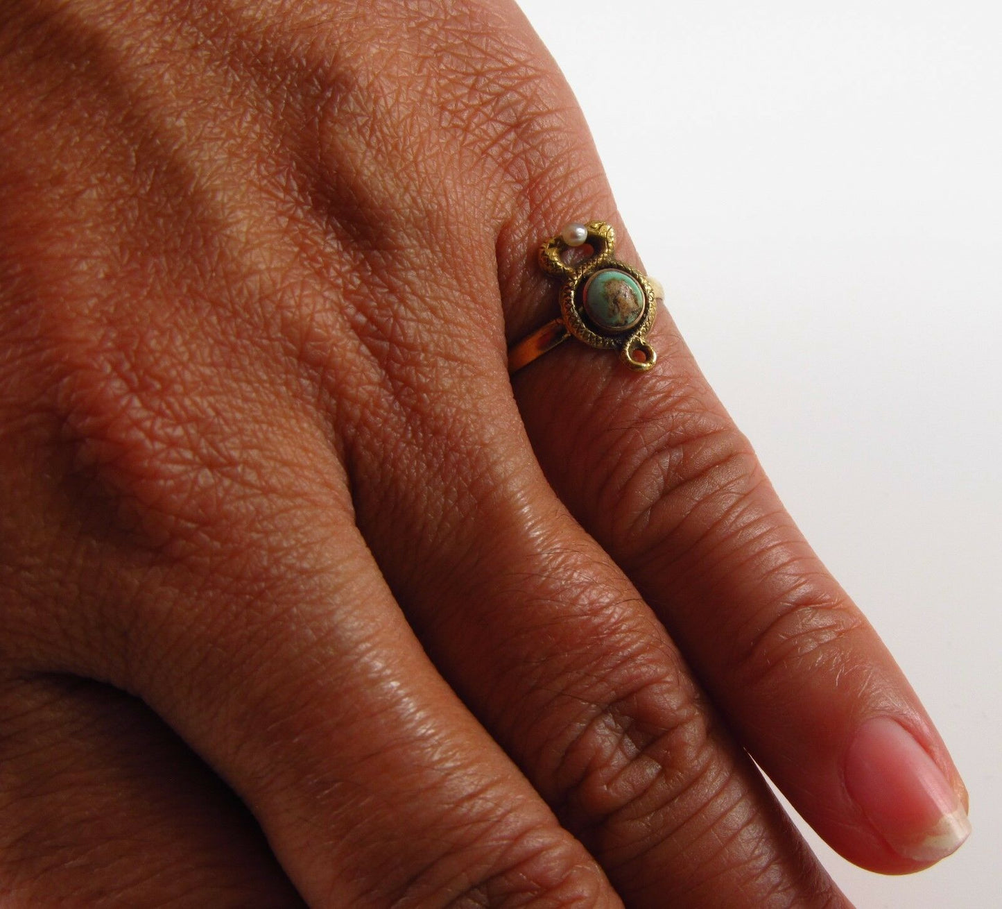 10k Gold Victorian Art Nouveau Twisted Serpents Pearl & Turquoise Ring Size 4.5