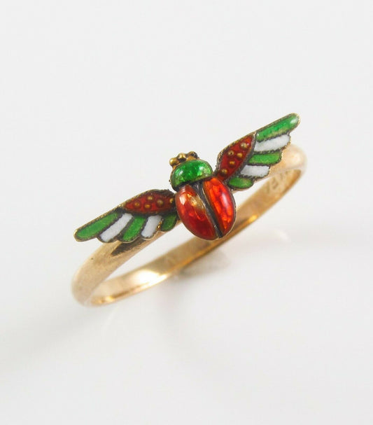 14K Gold Victorian Egyptian Revival Enamel Winged Scarab Conversion Ring 7.75