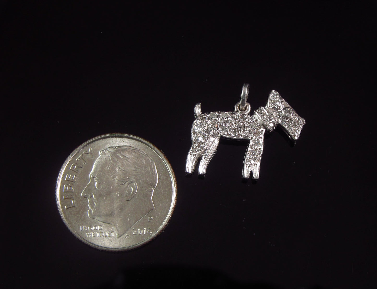 Antique Art Deco Platinum White Diamond Dog Charm