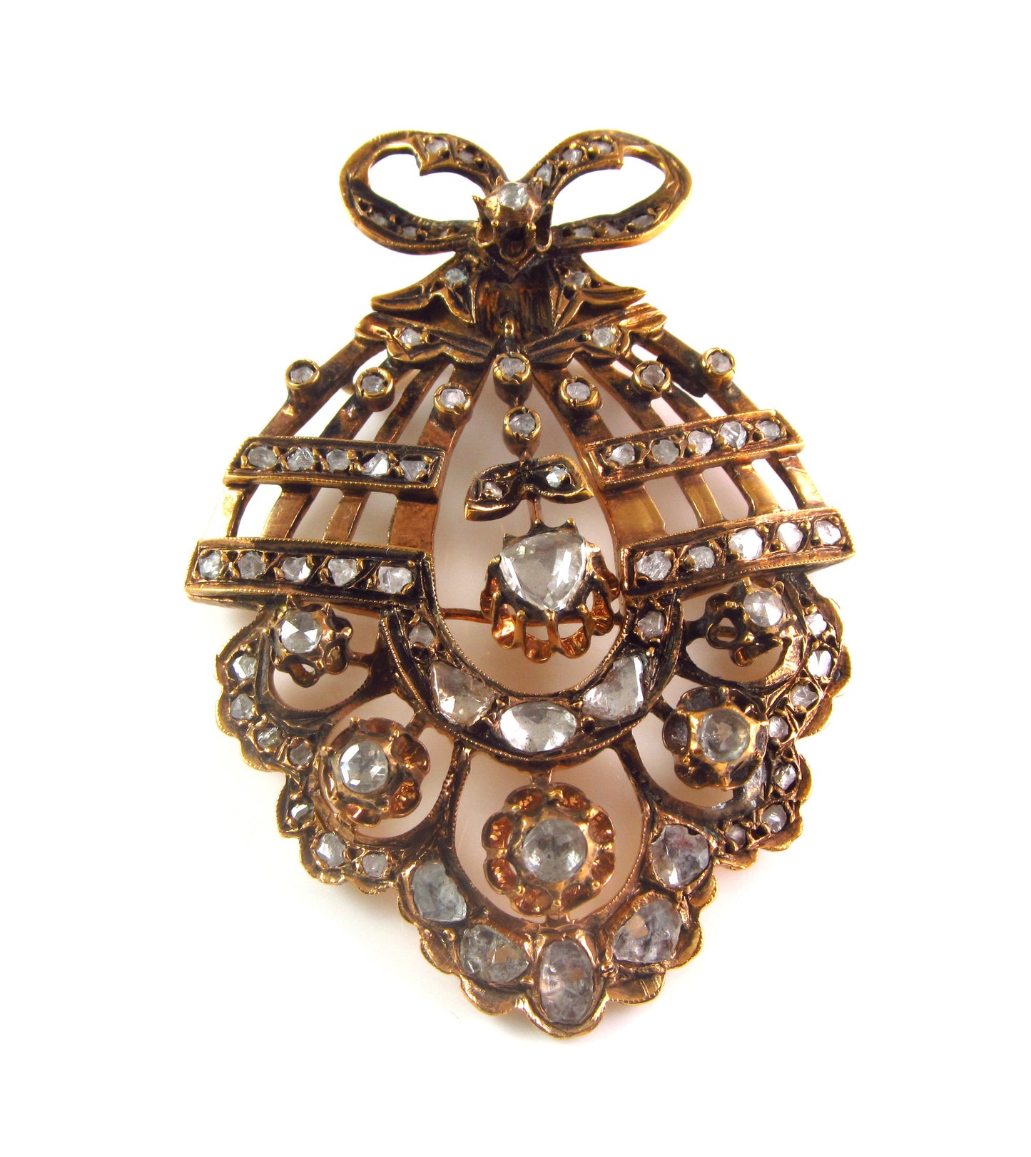 Large Antique Victorian Low Karat Gold Mixed Metals Old Cut Diamond Pendant