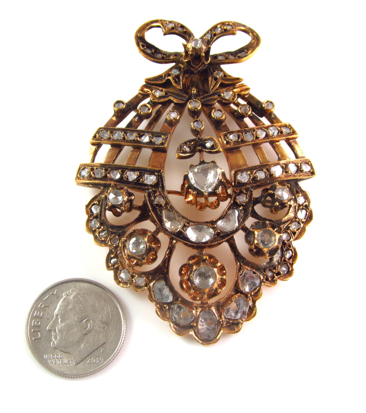 Large Antique 1890 Victorian Low Karat Gold Mixed Metals Old Cut Diamond Pendant