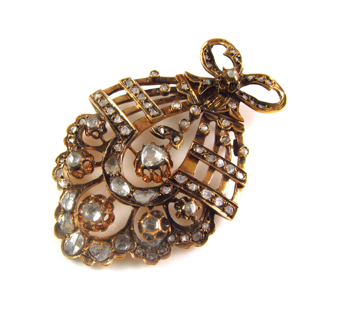 Large Antique 1890 Victorian Low Karat Gold Mixed Metals Old Cut Diamond Pendant