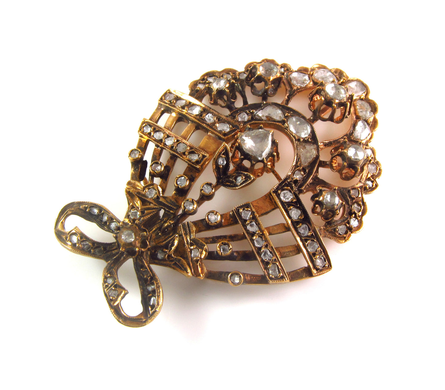 Large Antique 1890 Victorian Low Karat Gold Mixed Metals Old Cut Diamond Pendant