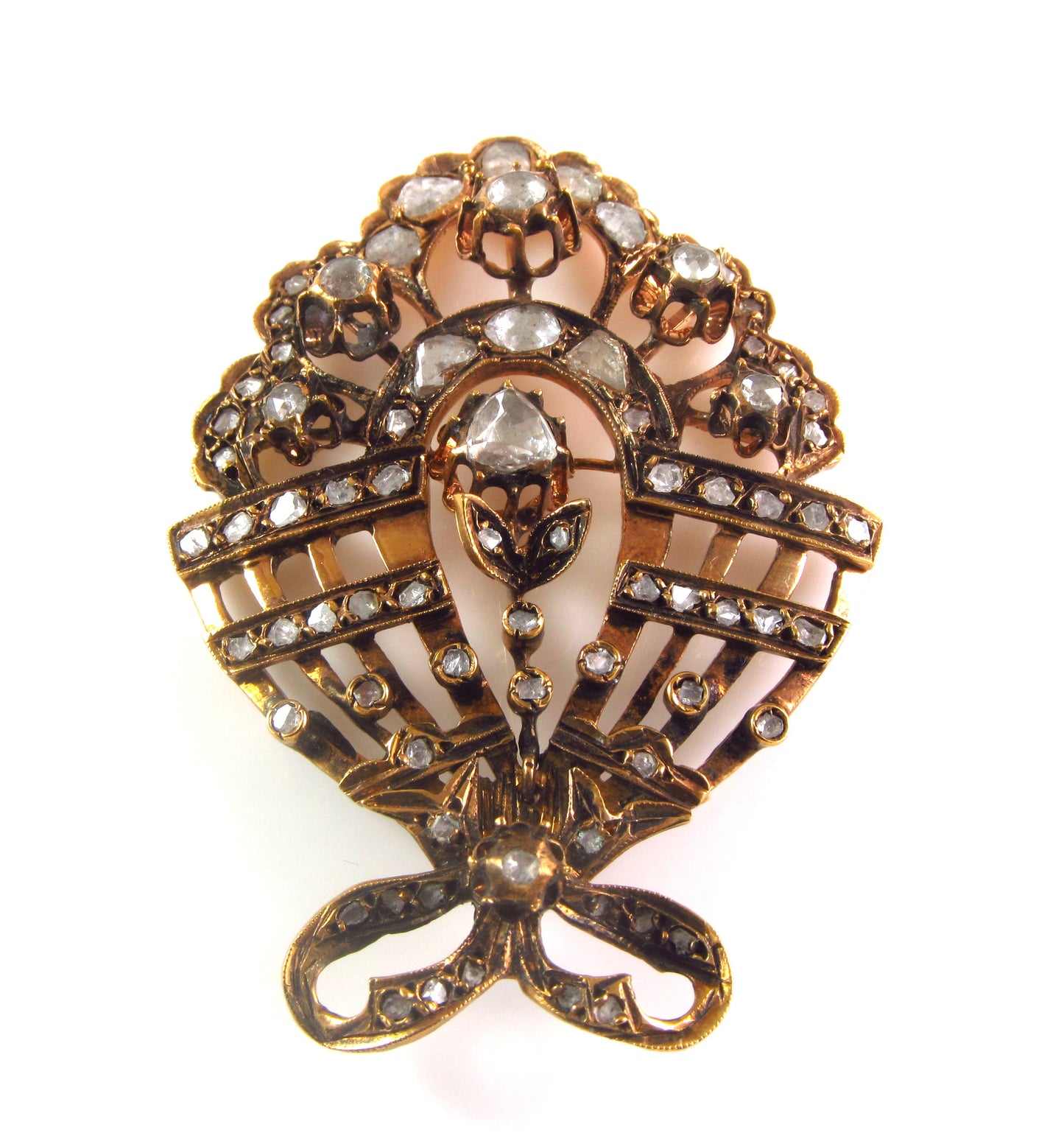 Large Antique 1890 Victorian Low Karat Gold Mixed Metals Old Cut Diamond Pendant