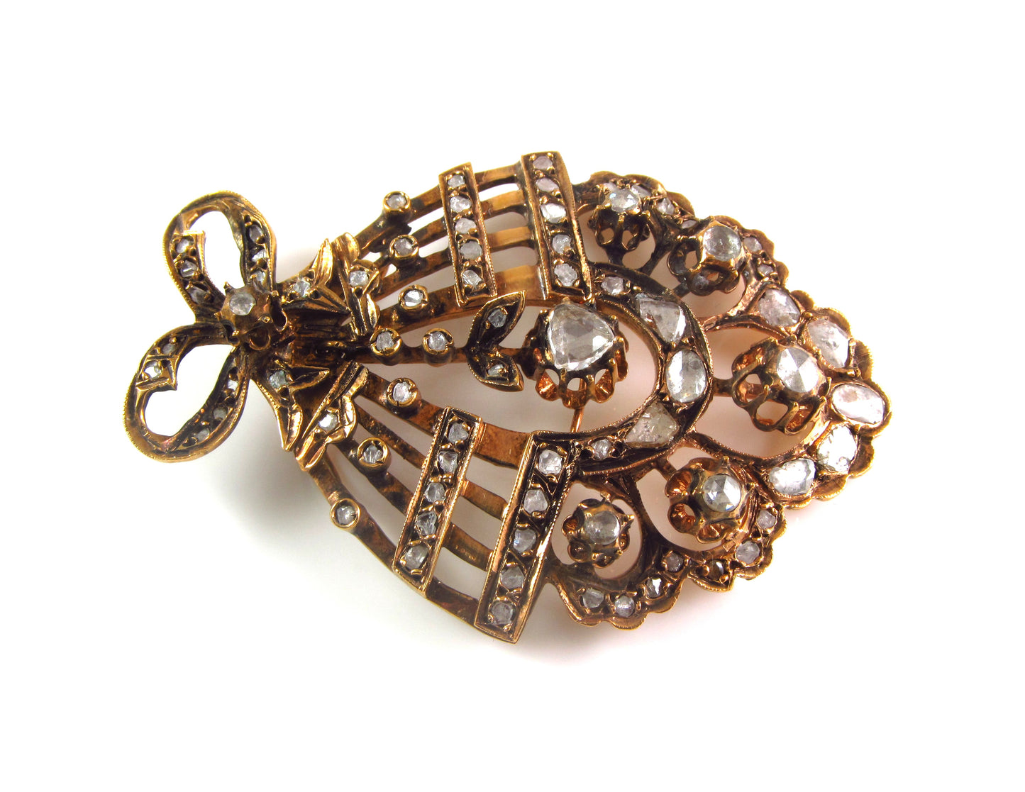 Large Antique 1890 Victorian Low Karat Gold Mixed Metals Old Cut Diamond Pendant