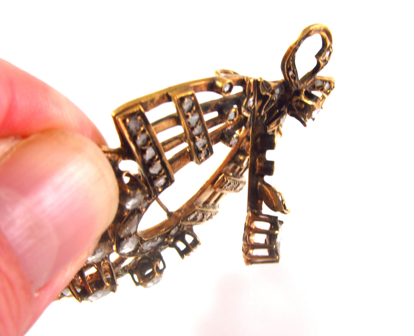 Large Antique 1890 Victorian Low Karat Gold Mixed Metals Old Cut Diamond Pendant
