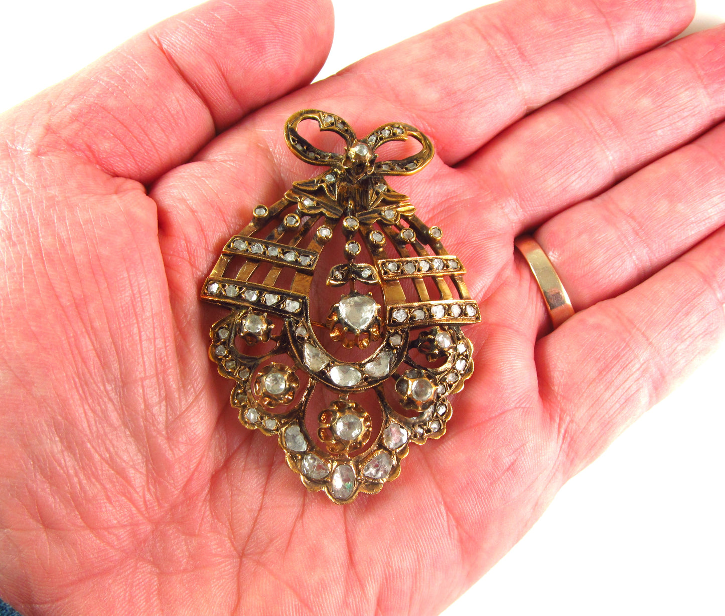 Large Antique 1890 Victorian Low Karat Gold Mixed Metals Old Cut Diamond Pendant