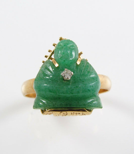 Vintage 14K gold jade diamond buddha ring