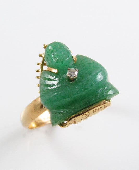 14k Gold Vintage Carved Jade & Diamond Buddha Ring Size 8.75