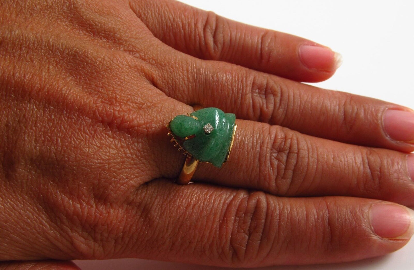 14k Gold Vintage Carved Jade & Diamond Buddha Ring Size 8.75