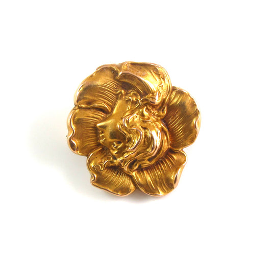 Antique 14k Gold Art Nouveau Maiden Lady Poppy Flower Brooch Pin