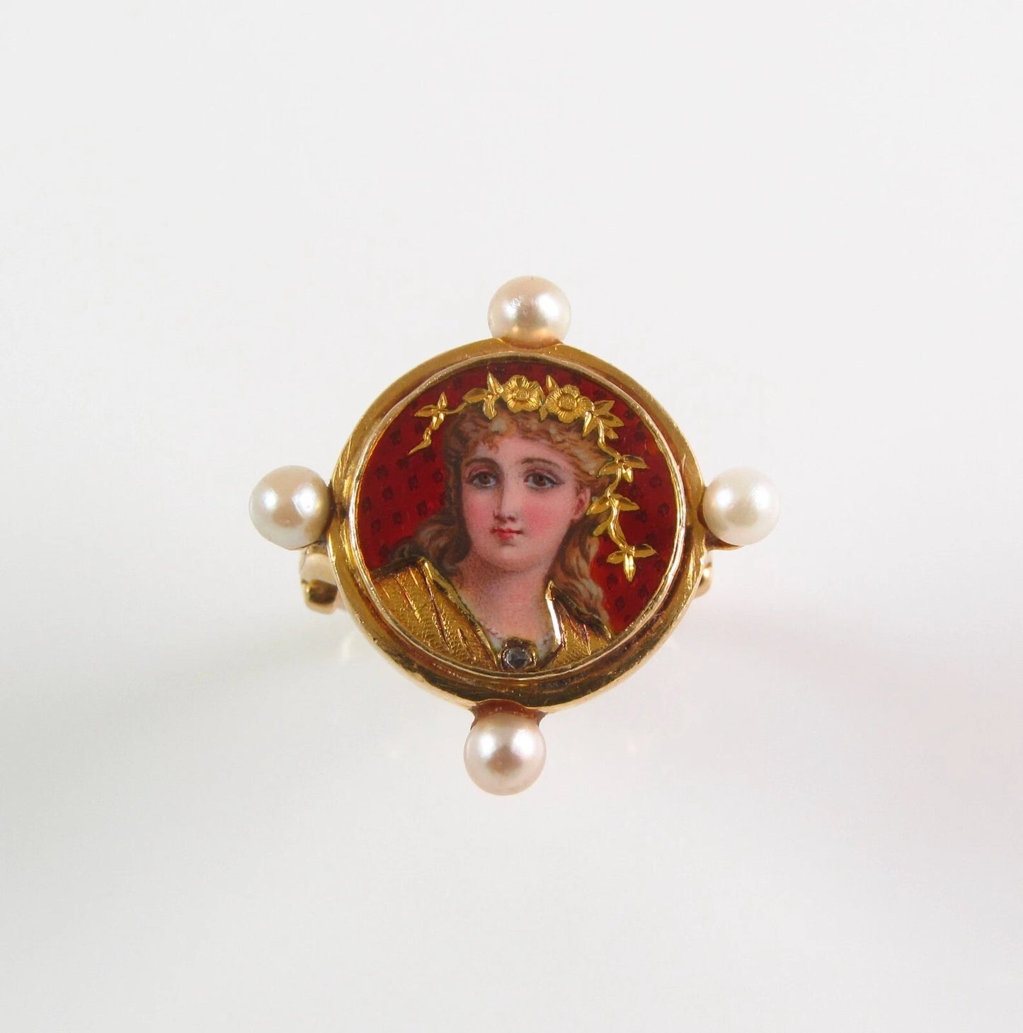 Antique 14K Gold French Enamel Rose Cut Diamond Pearl Lady Goddess Portrait Ring