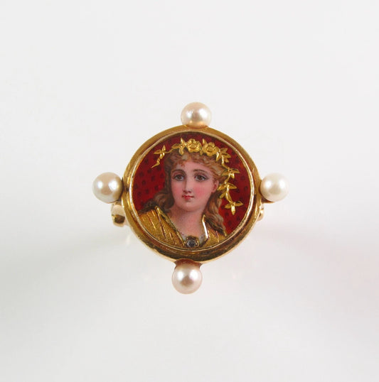 Antique 14K Gold French Enamel Rose Cut Diamond Pearl Lady Goddess Portrait Ring