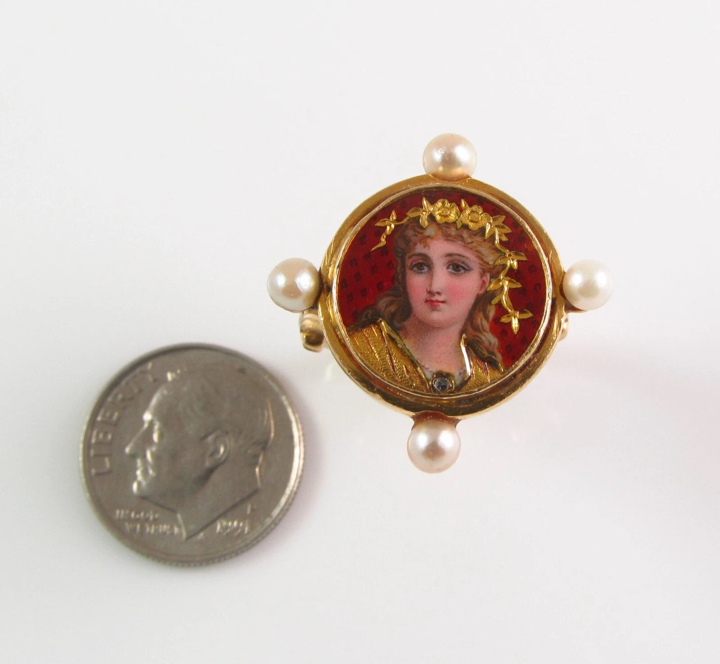 Antique 14K Gold French Enamel Rose Cut Diamond Pearl Lady Goddess Portrait Ring