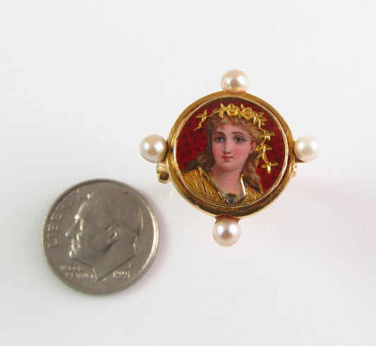 Antique 14K Gold French Enamel Rose Cut Diamond Pearl Lady Goddess Portrait Ring