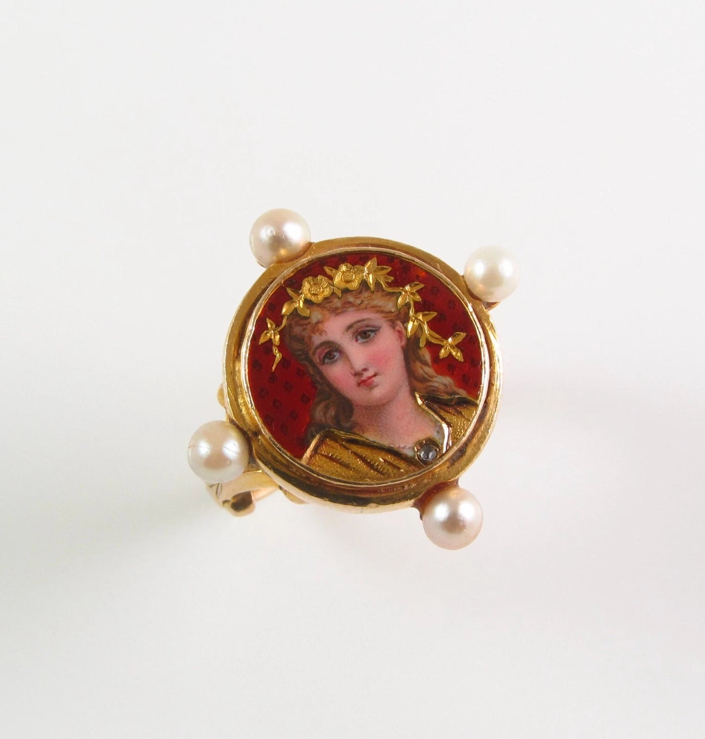 Antique 14K Gold French Enamel Rose Cut Diamond Pearl Lady Goddess Portrait Ring